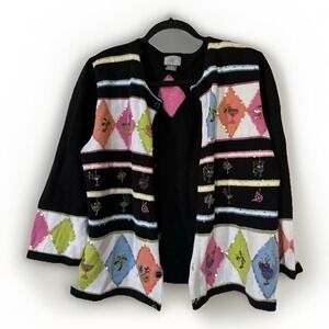 Vtg Berek Margarita Cocktail Cardigan Sweater Black White Party Beaded Sz L READ